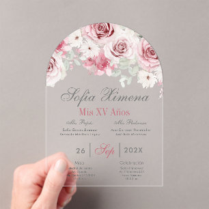 Pink Floral Quinceañera Spanish Acrylic Invitations