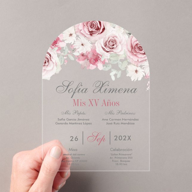 Pink Floral Quinceañera Spanish  Acrylic Invitations (Insitu (Handheld))