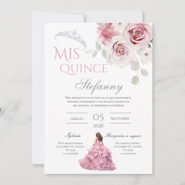 Pink Floral Quinceañera Spanish  Invitation (Front)