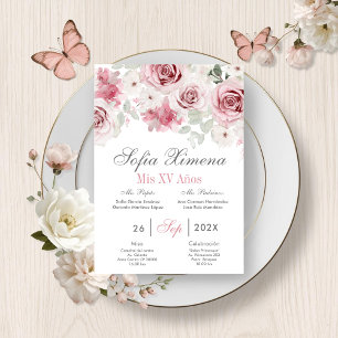 Pink Floral Quinceañera Spanish  Invitation