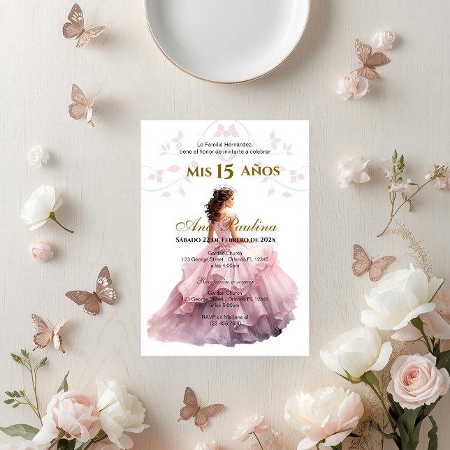 Pink Floral Quinceañera Spanish Invitation (Creator Uploaded)