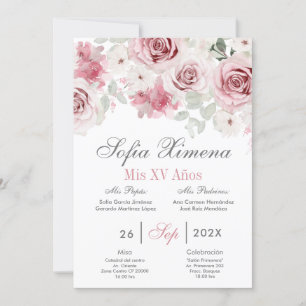 Pink Floral Quinceañera Spanish  Invitation