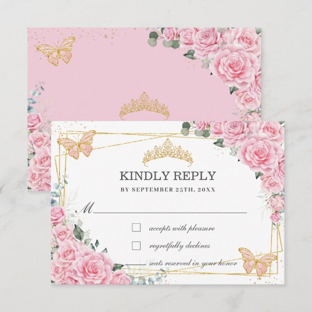 Pink Floral Quinceañera Sweet 16 Butterflies Reply RSVP Card (Front/Back)
