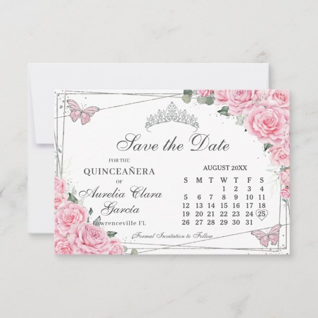 Pink Floral Quinceanera Sweet Sixteen Calendar Save The Date (Front)