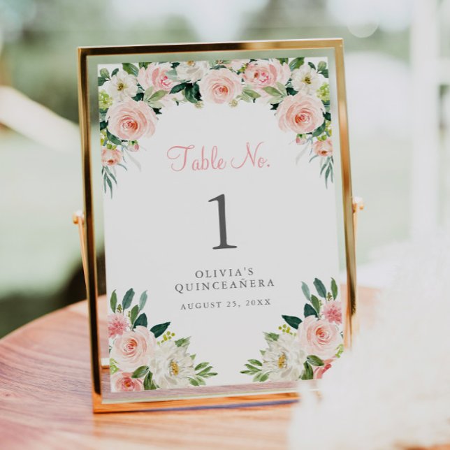 Pink Floral Quinceañera Table Number Card Roses (Creator Uploaded)