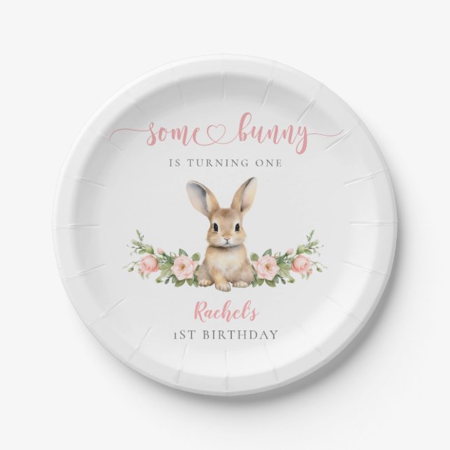 Pink Floral Rabbit Some Bunny 1st Birthday Paper Plate (Front)