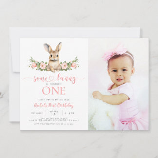 Pink Floral Rabbit Some Bunny 1st Birthday Photo Invitation