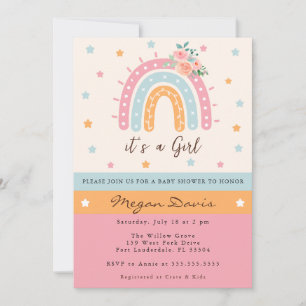 Pink Floral Rainbow Baby Shower It's A Girl Invitation