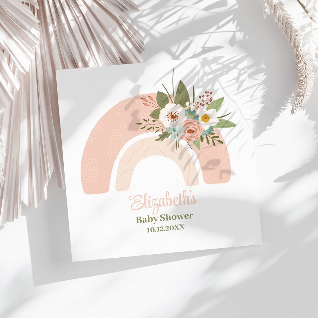 Pink Floral Rainbow Baby Shower Napkins (Pink Floral Rainbow Baby Shower Napkins on a sunny white table.)