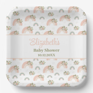 Pink Floral Rainbow Baby Shower Paper Plate