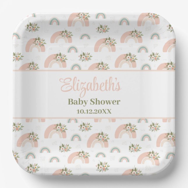 Pink Floral Rainbow Baby Shower Paper Plate (Front)
