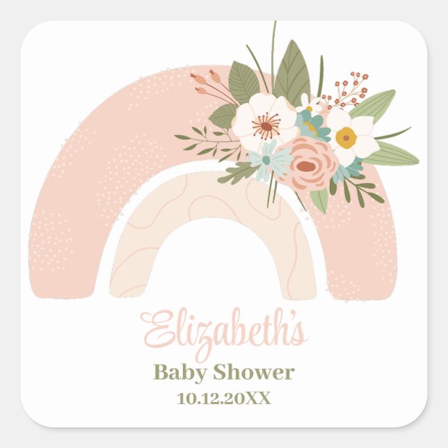 Pink Floral Rainbow Baby Shower Square Sticker (Front)