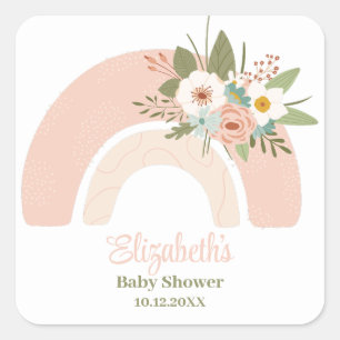 Pink Floral Rainbow Baby Shower Square Sticker