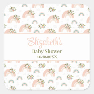 Pink Floral Rainbow Baby Shower Square Sticker