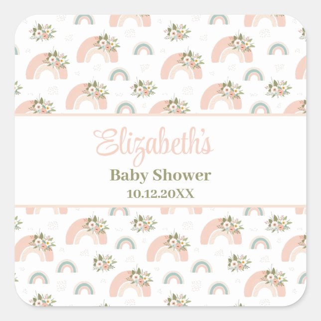 Pink Floral Rainbow Baby Shower Square Sticker (Front)