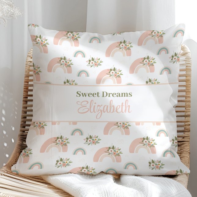 Pink Floral Rainbow Custom Name Pillow (Pink Floral Rainbow Custom Name Pillow in a sunny rattan armchair.)