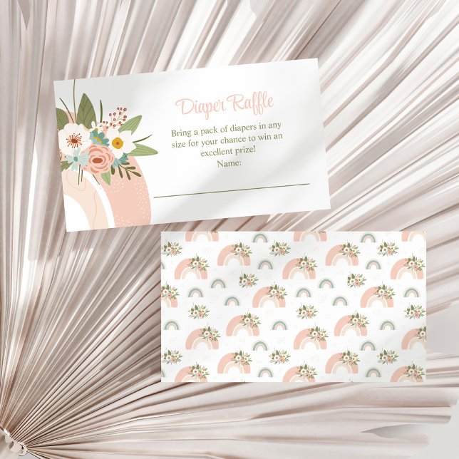 Pink Floral Rainbow Diaper Raffle Enclosure Card (Pink Floral Rainbow Diaper Raffle Enclosure Card on a white dry palm leaf.)