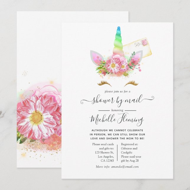 Pink Floral Rainbow Unicorn Baby Shower by Mail Invitation (Front/Back)
