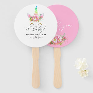 Pink Floral Rainbow Unicorn Girl Baby Shower Hand Fan