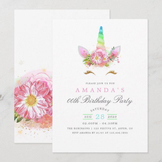 Pink Floral Rainbow Unicorn Girl Birthday Party Invitation (Front/Back)