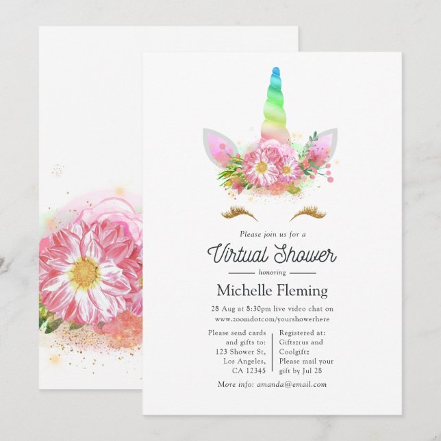 Pink Floral Rainbow Unicorn Virtual Baby Shower Invitation (Front/Back)