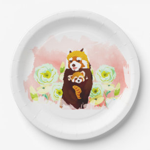 Pink Floral Red Panda Paper Plates 9"