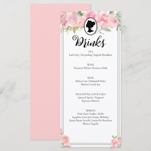 Pink Floral Regency Bridal Shower Cocktail Menu (Front/Back)