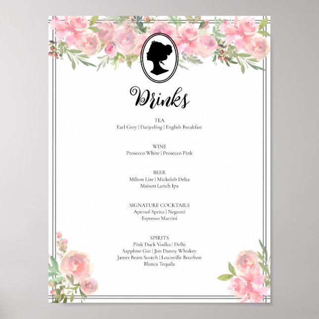 Pink Floral Regency Bridal Shower Cocktail Menu Poster (Front)