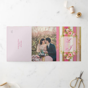 Pink Floral Regency Era Wedding Tri-Fold Invitation