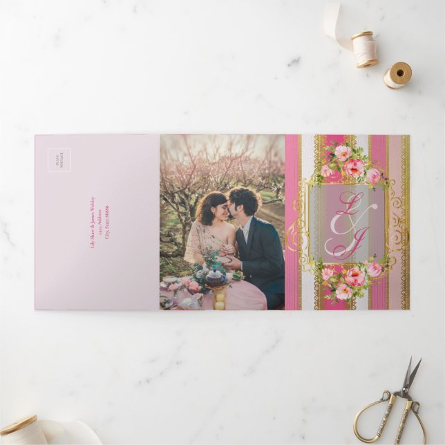 Pink Floral Regency Era Wedding Tri-Fold Invitation (Outside)
