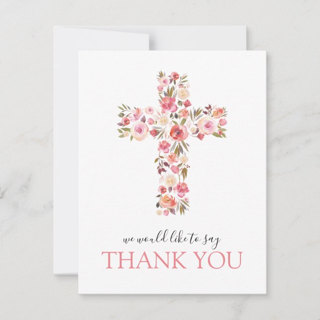 Pink Floral Religious Cross Photo Thank You Card (Front)
