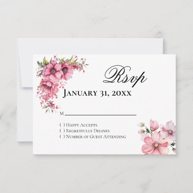 Pink Floral Reply RSVP Card (Front)