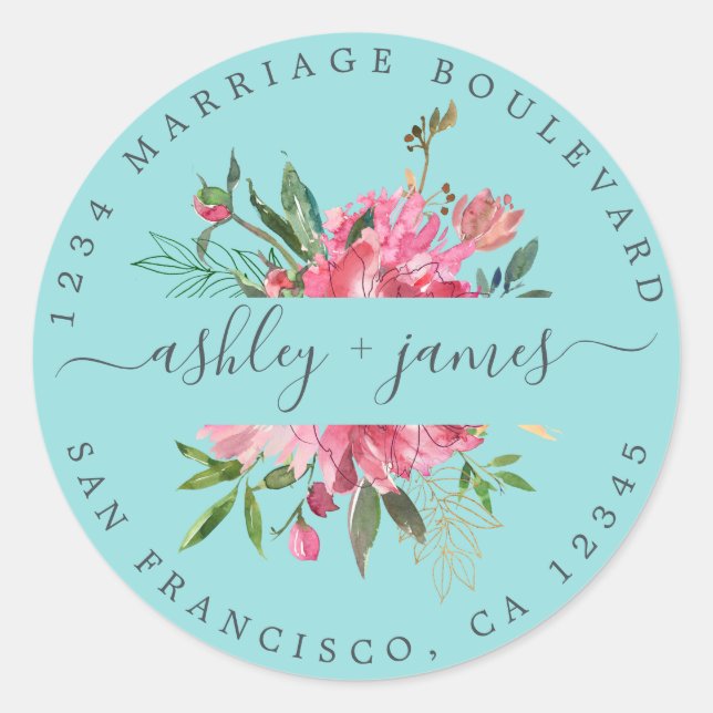 Pink Floral Return Address Blue Envelope Seal (Front)