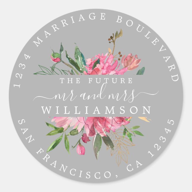 Pink Floral Return Address Grey Envelope Seal (Front)