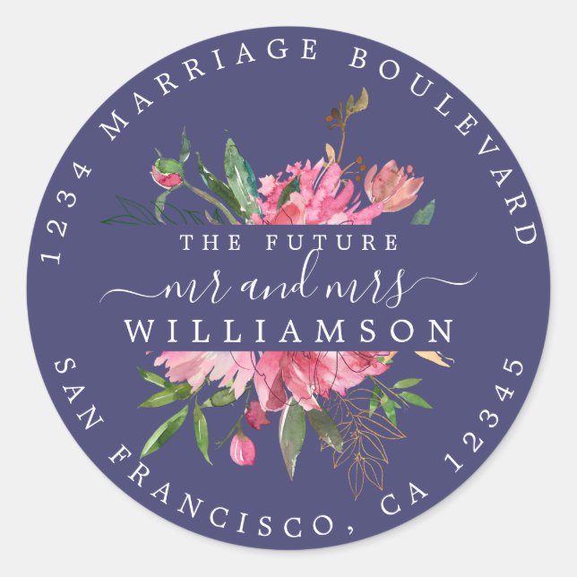 Pink Floral Return Address Navy Blue Envelope Seal (Front)