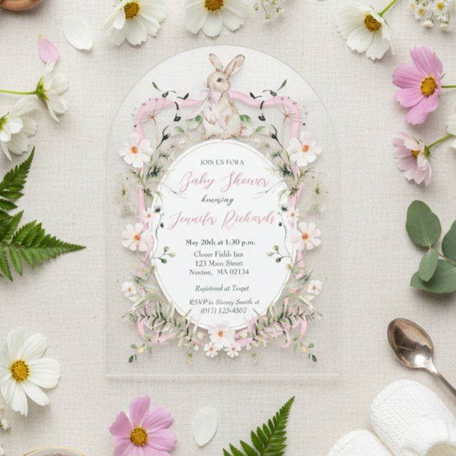 Pink Floral Ribbon Baby Bunny Baby Shower  Acrylic Invitations (Creator Uploaded)