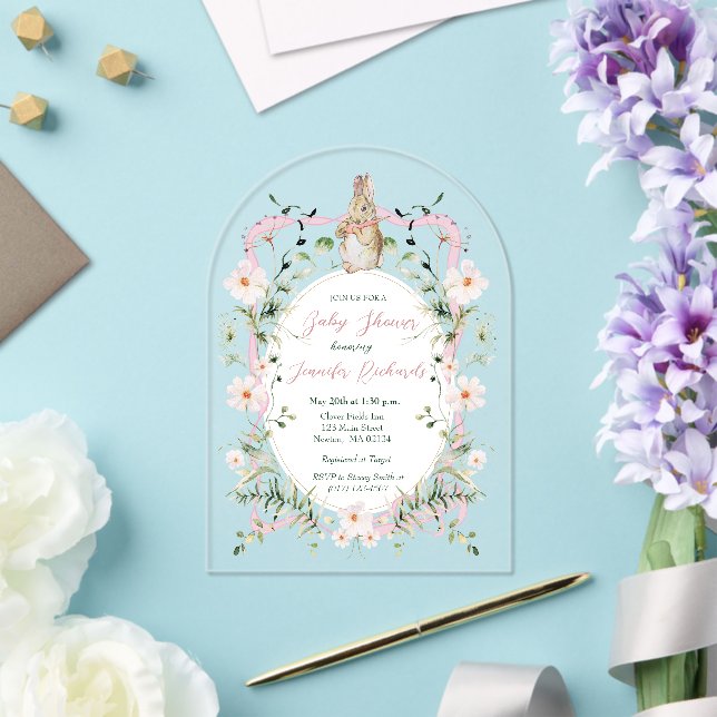 Pink Floral Ribbon Baby Bunny Baby Shower  Acrylic Invitations (Insitu (Wedding))