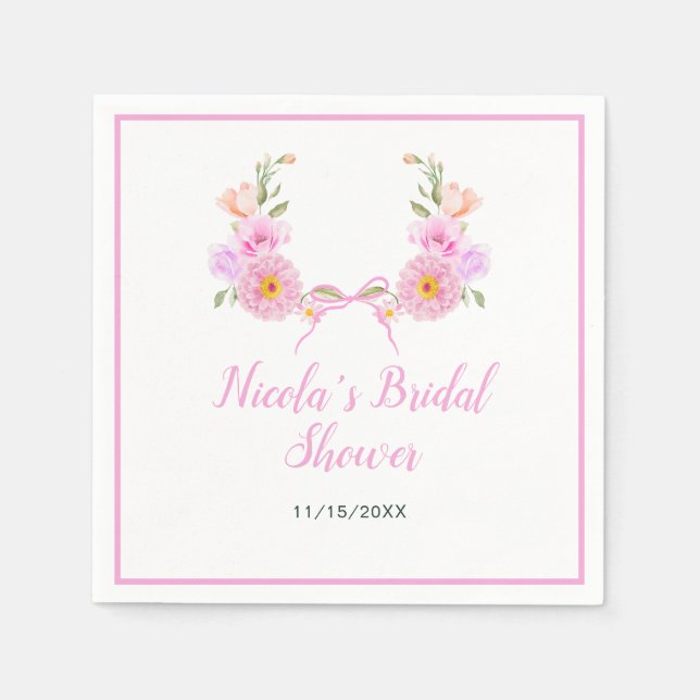 Pink Floral Ribbon Bridal Shower Napkin (Front)