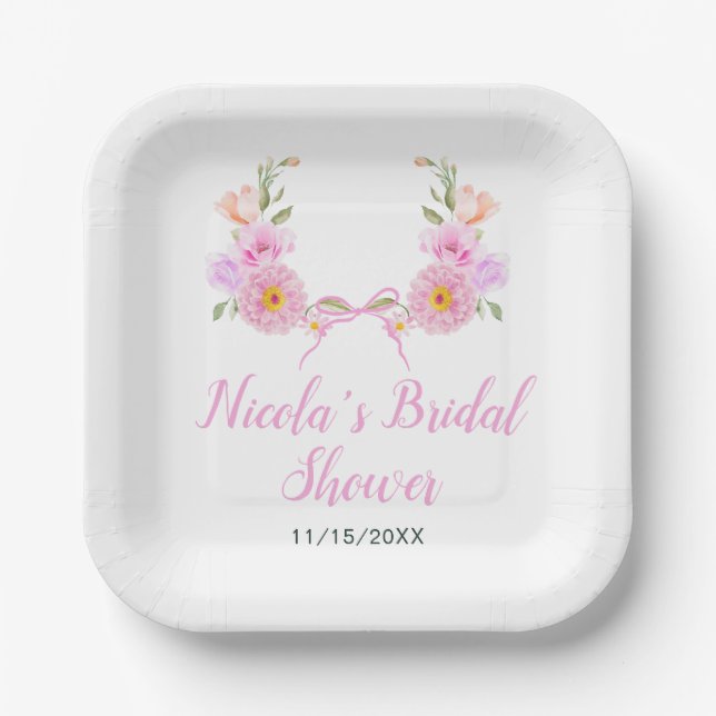 Pink Floral Ribbon Bridal Shower Paper Plate (Front)