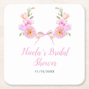 Pink Floral Ribbon Bridal Shower Square Paper Coaster