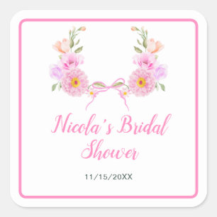 Pink Floral Ribbon Bridal Shower Square Sticker