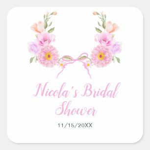 Pink Floral Ribbon Bridal Shower Square Sticker