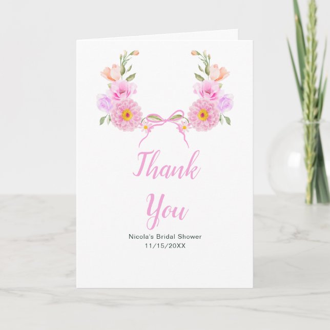 Pink Floral Ribbon Bridal Shower Thank You Card (Front)