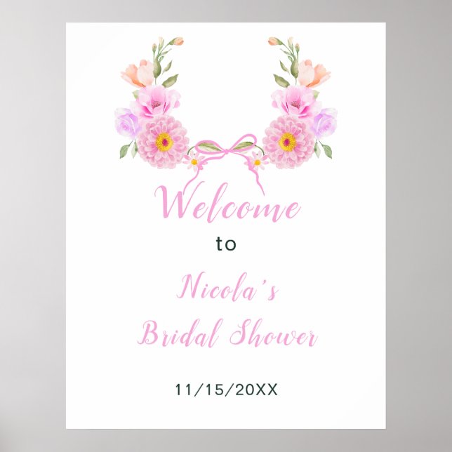 Pink Floral Ribbon Bridal Shower Welcome Poster (Front)
