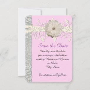 Pink Floral Ribbon Silver Damask Save the date