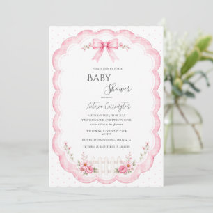 Pink Floral Ribbon Vintage Baby Shower Invitation