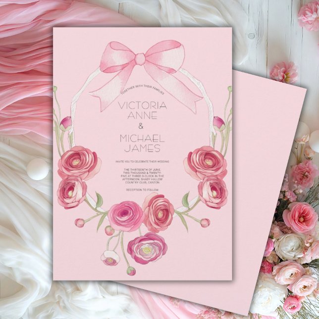 Pink Floral Ribbon Wedding Invitation (Creator Uploaded)