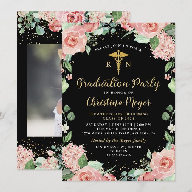 Pink Floral RN Nursing Graduation Party Photo  Invitation (Front/Back)
