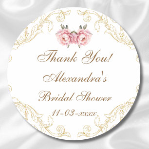 Pink Floral Rococo Peony Bridal Shower Thank You Classic Round Sticker