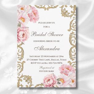 Pink Floral Rococo Vintage Peony Bridal Shower Invitation